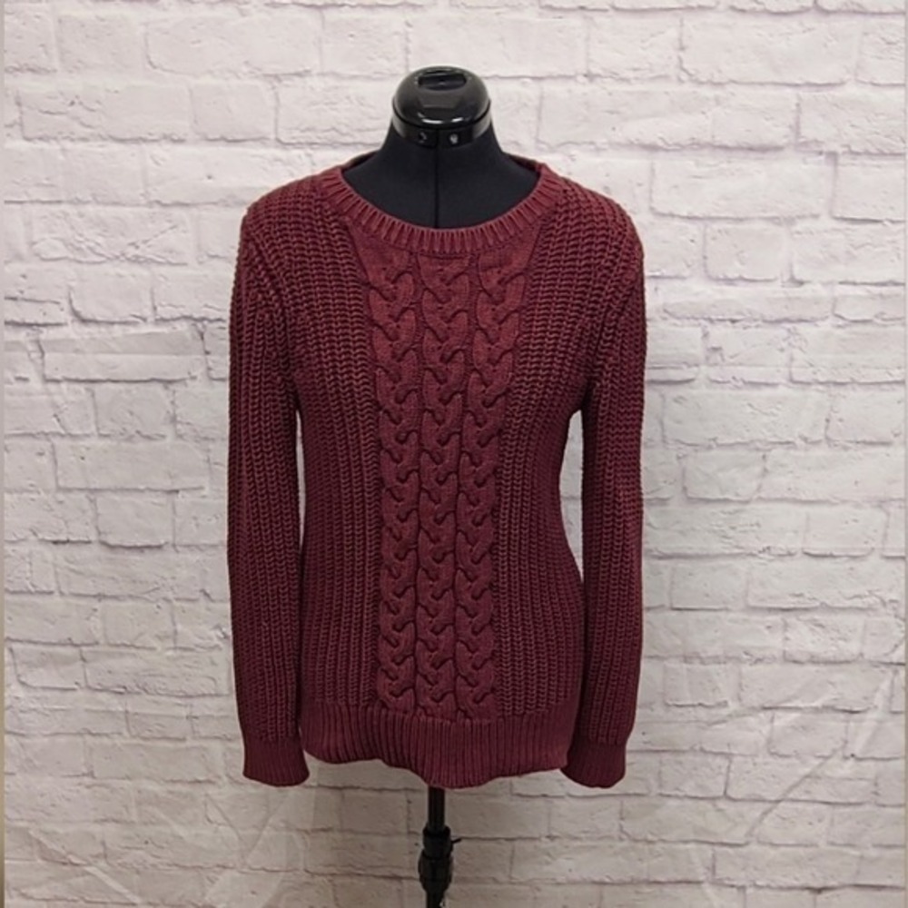 Nautica Burgundy Cable Knit Crew Neck Cotton Blend Sweater‎ Size M